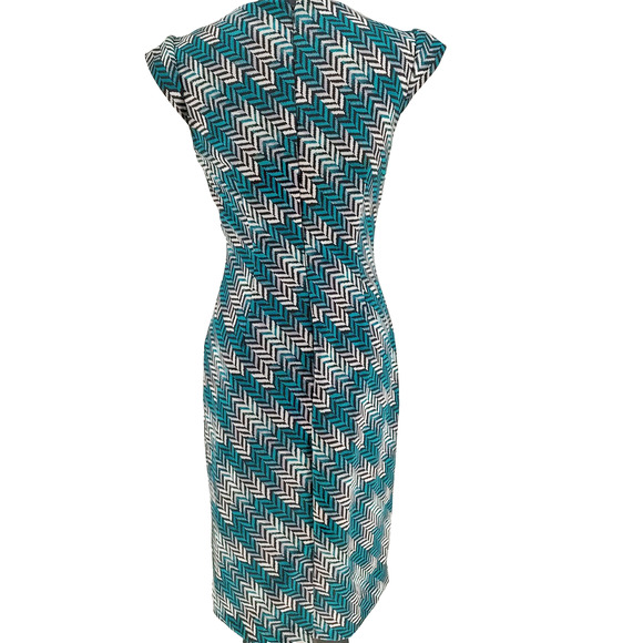 White House Black Market Turquoise Herringbone Sheath Dress SZ. 8 Back Zip Lined - Picture 2 of 14